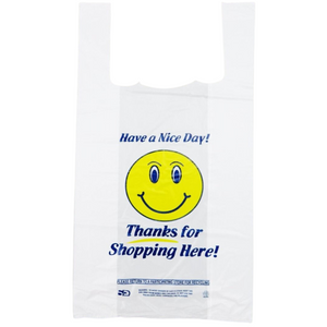 White Happy Face/Smiley Face HDPE T-Shirt Bags - 1/8 BBL 10"X5"X18" - 1000 Bags - 13 microns - White - 1002218