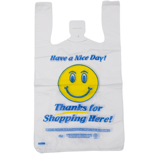 White Happy Face/Smiley Face HDPE T-Shirt Bags - 1/8 BBL 10"X5"X18" - 700 Bags - 16 microns - White - 10022HF