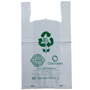 White Reusable/Eco-Friendly LDPE T-Shirt - Jumbo 17"x8"x29" - 100 Bags - 57 Micron (2.25 mil) - White - WHLD40REC225REUSE1729