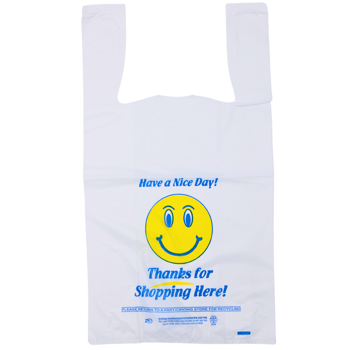 Easy Open White Happy Face Smiley Face HDPE T Shirt Bags 1 6 BBL 1 Source Direct Inc