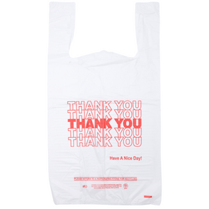 Easy Open - White 'Thank You' HDPE T-Shirt Bags - 1/6 BBL 11.5"X6"X21" - 1000 Bags - 15 microns - White - 10010-EO