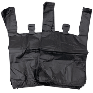 Black Unprinted HDPE T-Shirt Bags - 1/10 BBL 8"X4"X15" - 1500 Bags - 14 microns - Black - 20040