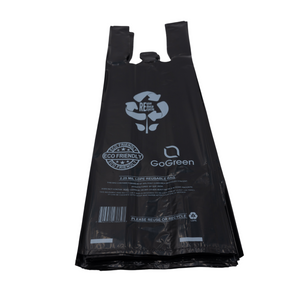 Black Reusable/Eco-Friendly LDPE T-Shirt - Single Bottle Bag 6"X4"X20" - 400 Bags - 57 Micron (2.25 mil) - Black - BLKLD40REC225REUSE6420