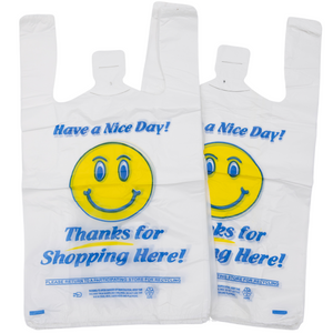 White Happy Face/Smiley Face HDPE T-Shirt Bags - 1/8 BBL 10"X5"X18" - 700 Bags - 16 microns - White - 10022HF