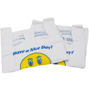 Easy Open - White Happy Face/Smiley Face HDPE T-Shirt Bags - 1/8 BBL 10"X5"X18" - 700 Bags - 16 microns - White - 10022HF-EO