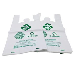 White Reusable/Eco-Friendly LDPE T-Shirt - 1/5 BBL 13"X9"X23" - 150 Bags - 57 Micron (2.25 mil) - White - WHLD40REC225REUSE1323