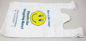 Easy Open - White Happy Face/Smiley Face HDPE T-Shirt Bags - 1/8 BBL 10"X5"X18" - 1000 Bags - 13 microns - White - 1002218-EO