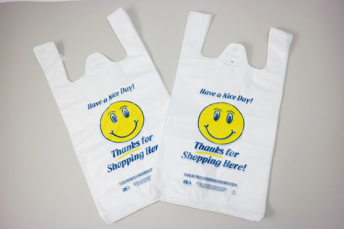 White Happy Face/Smiley Face HDPE T-Shirt Bags - Full Size - 1/6 BBL 1 –  Source Direct Inc