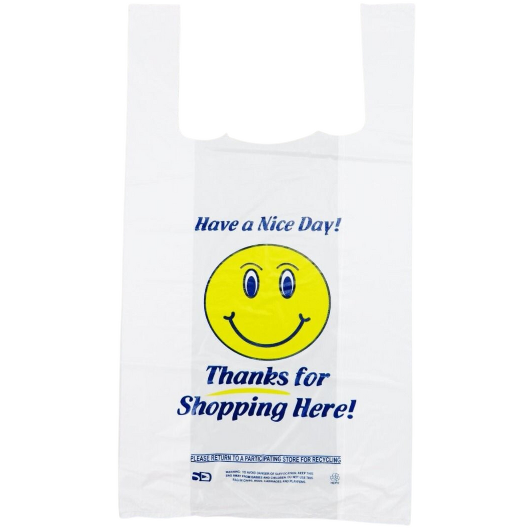 White Happy Face/Smiley Face HDPE T-Shirt Bags - 1/8 BBL 10