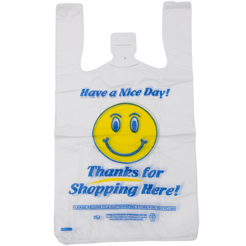 White Happy Face/Smiley Face HDPE T-Shirt Bags - 1/8 BBL 10
