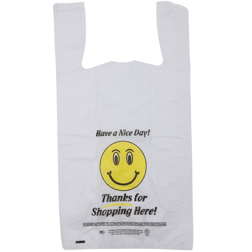 White Happy Face/Smiley Face HDPE T-Shirt Bags - Full Size - 1/6 BBL 12
