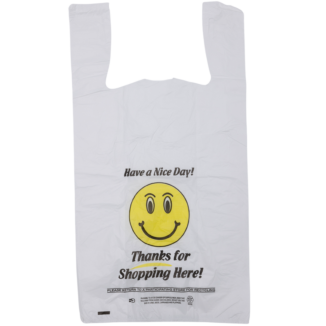 White Happy Face/Smiley Face HDPE T-Shirt Bags - Full Size - 1/6 BBL 12