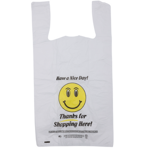 Easy Open - White Happy Face/Smiley Face HDPE T-Shirt Bags - Full Size - 1/6 BBL 12"X7"X22" - 400 Bags - 15 microns - White - HF1272215M-EO