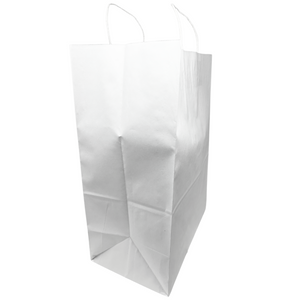 Paper Bags - Handle Bags - White Color - 10"x5"x13" - 250 Bags - 60 LB Weight basis (90 GSM strong). Twisted Handle. Packed in cases. - White Paper - 10513WHITEPAPTHDL