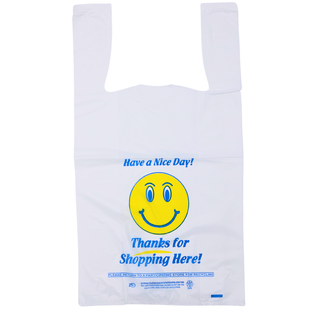 Easy Open - White Happy Face/Smiley Face HDPE T-Shirt Bags - 1/6 BBL 11.5