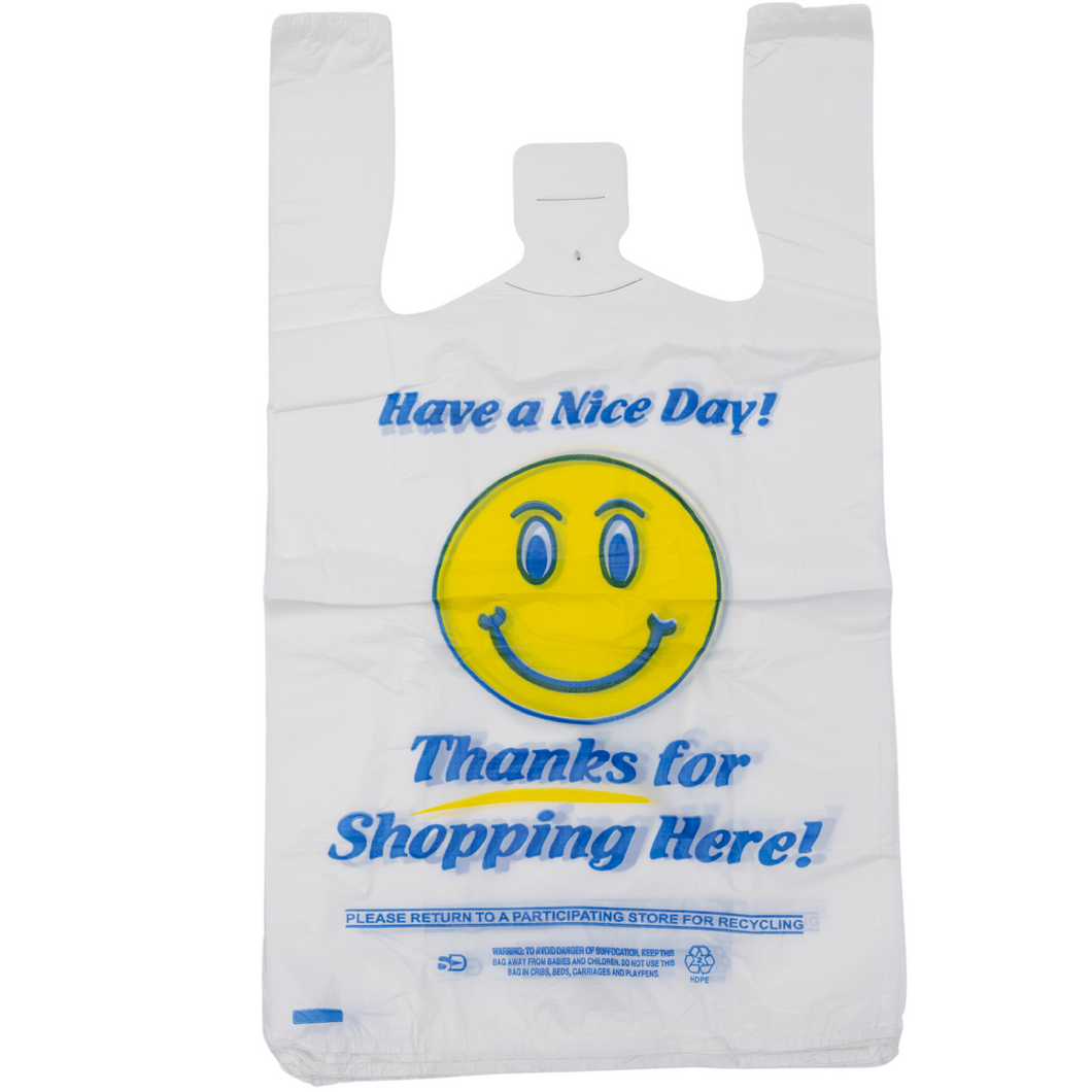 Easy Open - White Happy Face/Smiley Face HDPE T-Shirt Bags - 1/8 BBL 10