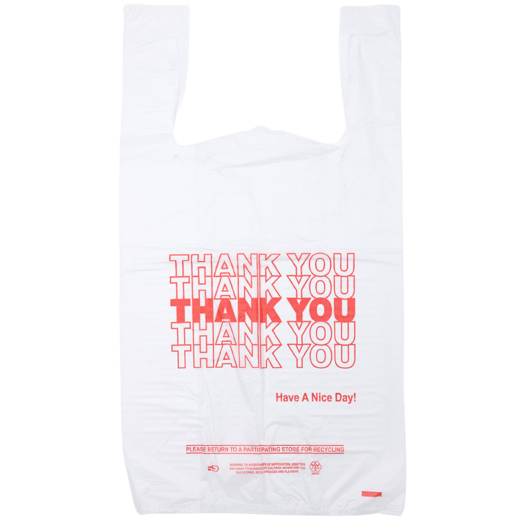 Easy Open - White 'Thank You' HDPE T-Shirt Bags - 1/6 BBL 11.5