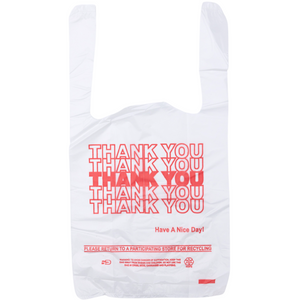 White 'Thank You' HDPE T-Shirt Bags - 1/12 BBL 7"X3.5"X13" - 1000 Bags - 13 microns - White - 10030