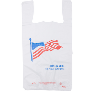 White Usa/American Flag Print HDPE T-Shirt Bags - 1/6 BBL 11.5"X6"X21" - 500 Bags - 18 microns - White - USA18M50016
