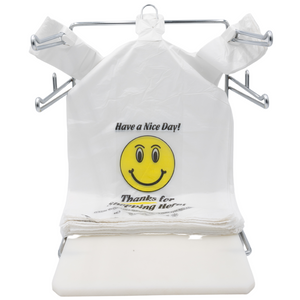 Easy Open - White Happy Face/Smiley Face HDPE T-Shirt Bags - Full Size - 1/6 BBL 12"X7"X22" - 400 Bags - 15 microns - White - HF1272215M-EO