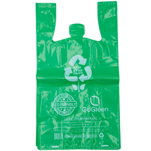 Source Direct - Green Reusable/Eco-Friendly LDPE T-Shirt - 16.5"x7.5"x29" - 100 Bags - 57 Micron (2.25 mil) - Green - GRNLD40REC225REU1729