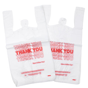 White 'Thank You' HDPE T-Shirt Bags - 1/6 BBL 11.5"X6"X21" - 1000 Bags - 15 microns - White - 10010-EO