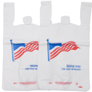 Easy Open - White Usa/American Flag Print HDPE T-Shirt Bags - 1/6 BBL 11.5"X6"X21" - 1000 Bags - 13 microns - White - USA13M100016-EO