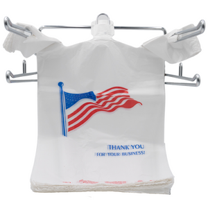 White Usa/American Flag Print HDPE T-Shirt Bags - 1/6 BBL 11.5"X6"X21" - 1000 Bags - 13 microns - White - USA13M100016