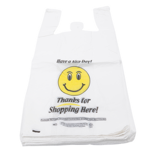 Easy Open - White Happy Face/Smiley Face HDPE T-Shirt Bags - Full Size - 1/6 BBL 12"X7"X22" - 400 Bags - 15 microns - White - HF1272215M-EO