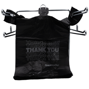 Black Printed HDPE T-Shirt Bags - 1/6 BBL 11.5"X6"X21" - 800 Bags - 13 microns - Black - 208015STY