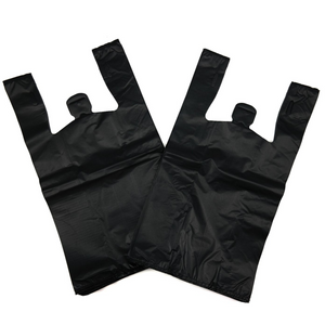 Source Direct - Easy Open - Black Unprinted HDPE T-Shirt Bags - 1/6 BBL 11.5"X6"X21" - 150 Bags - 30 microns - Black - BLK616EHD30M-EO