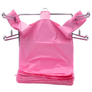 Easy Open - Colored Unprinted HDPE T-Shirt Bags - 1/6 BBL 11.5"X6"X21" - 1000 Bags - 13 microns - Pink - LOOP-PINK-EO