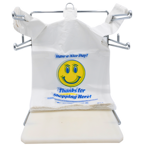 White Happy Face/Smiley Face HDPE T-Shirt Bags - 1/6 BBL 11.5"X6"X21" - 500 Bags - 18 microns - White - 16HFACE0516