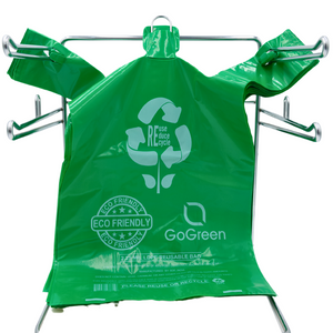 Source Direct - Green Reusable/Eco-Friendly LDPE T-Shirt - 16.5"x7.5"x29" - 100 Bags - 57 Micron (2.25 mil) - Green - GRNLD40REC225REU1729