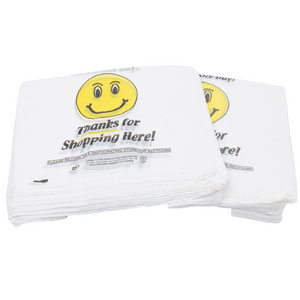 White Happy Face/Smiley Face HDPE T-Shirt Bags - Full Size - 1/6 BBL 12"X7"X22" - 400 Bags - 15 microns - White - HF1272215M