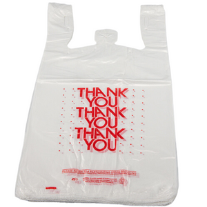 Easy Open - White 'Thank You' HDPE T-Shirt Bags - 1/6 BBL 11.5"X6"X21" - 1000 Bags - 13 microns - White - 10015-EO