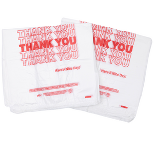 Easy Open - White 'Thank You' HDPE T-Shirt Bags - 1/6 BBL 11.5"X6"X21" - 1000 Bags - 15 microns - White - 10010-EO