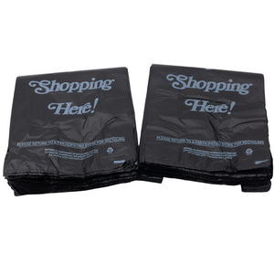 Black Printed HDPE Liquor T-Shirt Bags - 8"x4"x20" - 1000 Bags - 25 microns - Black - 8420HDBWP