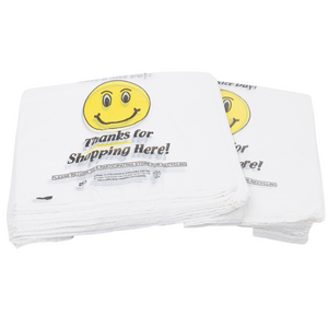 Easy Open - White Happy Face/Smiley Face HDPE T-Shirt Bags - Full Size - 1/6 BBL 12"X7"X22" - 400 Bags - 15 microns - White - HF1272215M-EO