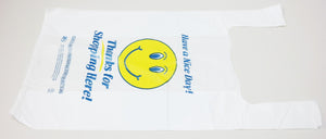 Easy Open - White Happy Face/Smiley Face HDPE T-Shirt Bags - 1/8 BBL 10"X5"X18" - 1000 Bags - 13 microns - White - 1002218-EO
